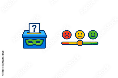Voting box with a mask and feedback scale showing different emotions during a community event in a lively setting