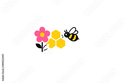 Flowers and bees gather pollen near honeycomb in a garden scene during daytime