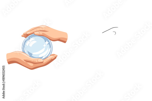 Hands hold a clear crystal ball on a white background during a creative or mystical activity