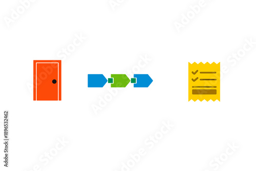 Door, arrows, and checklist represent steps in a process at an office