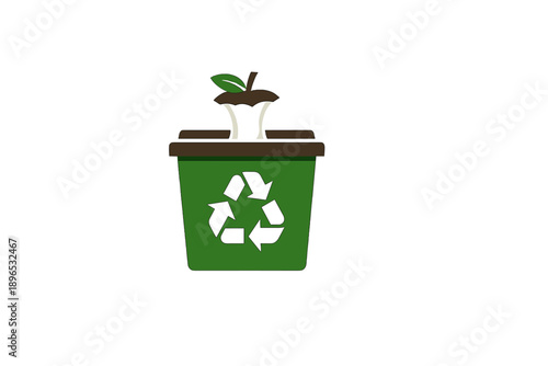 Green waste bin with recycling symbol and apple core on top in a simple design, representing sustainability efforts in an urban environment