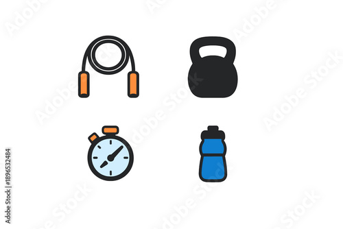 Fitness equipment shown includes a jump rope, kettlebell, stopwatch, and water bottle for workout activities and training sessions
