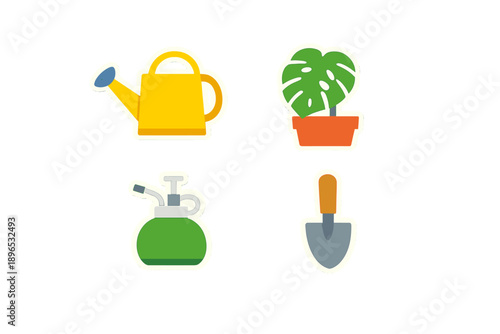 Gardening tools and supplies used for caring for plants at home or in a garden during daylight hours in a simple indoor setting