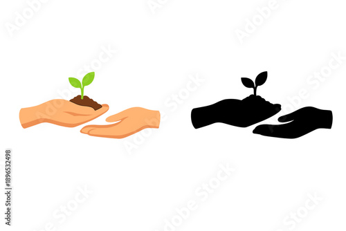 Hands share a small plant with green leaves and soil, symbolizing growth and care in a simple design on a plain background