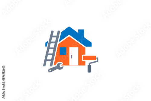 Home repair tools and supplies with ladder and paint roller for house maintenance work in a simple design