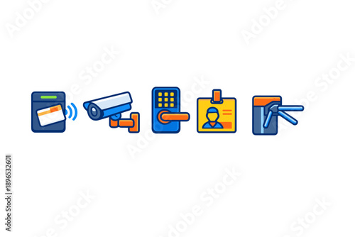 Security system icons showing access control and surveillance in a simple layout with communication devices and identification tools
