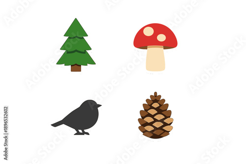 Stickers featuring a tree, a mushroom, a bird, and a pine cone on a simple background for nature lovers and enthusiasts