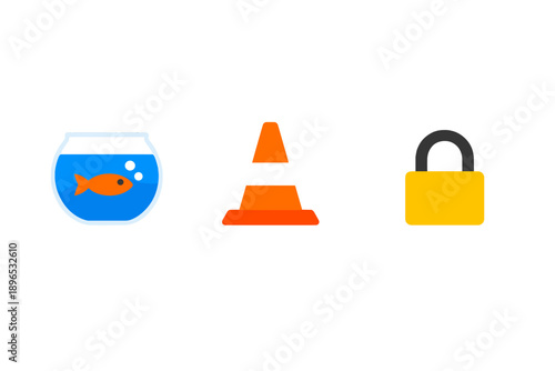 Different icons are shown including a fish bowl, a traffic cone, and a padlock representing diverse concepts in a simple layout during the daytime