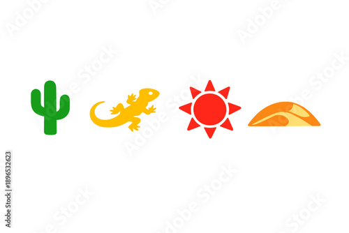 Cactus, lizard, sun, and taco represent elements of Mexican culture and cuisine during a warm day in a desert landscape