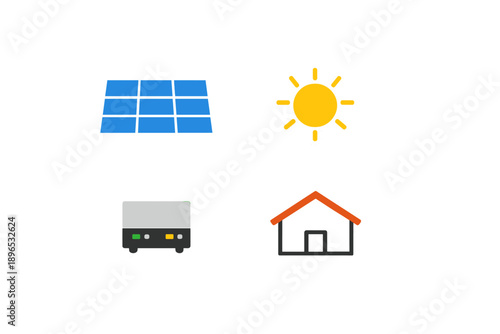Solar panel system components with sun and house during daytime for renewable energy generation and efficiency