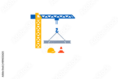 Construction site with crane lifting steel beam in a busy urban area during daytime hours of a workweek