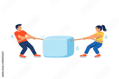 Two people are pulling a large block while holding a rope during a fun game on a sunny day in an outdoor setting