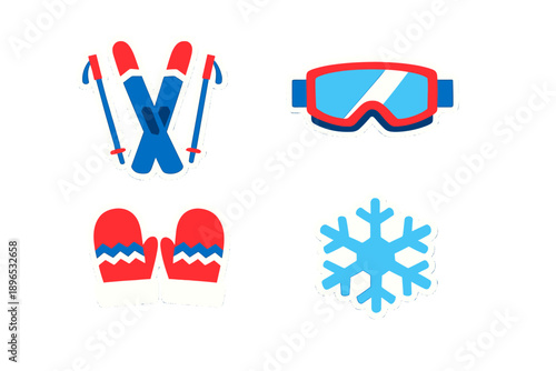 Winter sports items including skis, goggles, mittens, and snowflake in bright colors suitable for a fun day outdoors in the cold weather