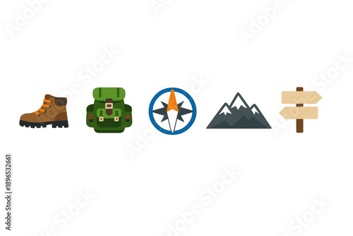 Hiking gear and accessories for outdoor adventures including boots, backpack, compass, mountains, and signpost