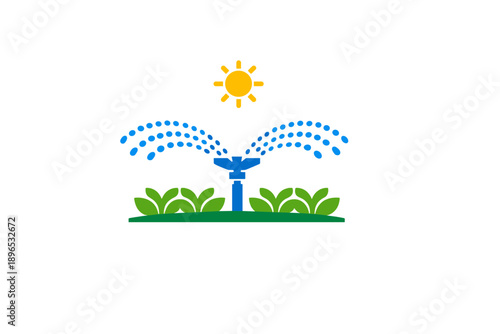 Sprinkler watering plants under the sun in a garden landscape during a bright day