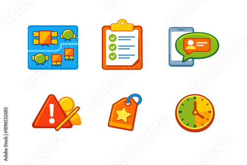 Icons showing various concepts like communication, tasks, alerts, and time management used in digital projects, representing collaboration and organization