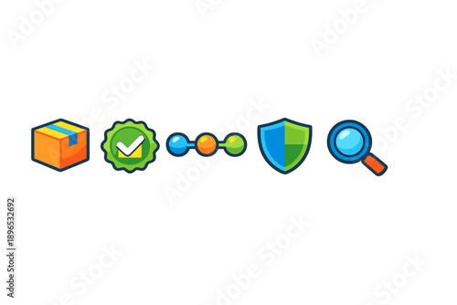 Icons representing various concepts of delivery, quality assurance, security, and search functionality in a simple design