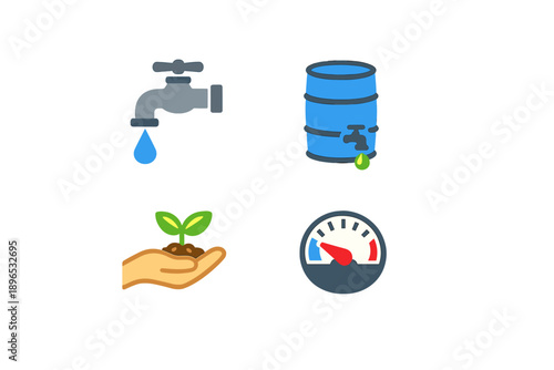 Water conservation tools and methods shown through icons in a simple design reflecting environmental awareness and resource management