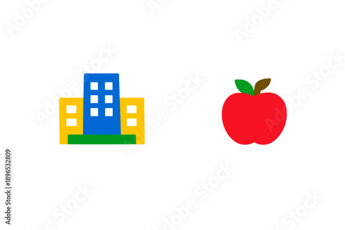 Colorful building and red apple showcase simple shapes and bright colors to engage young learners in a visual learning activity