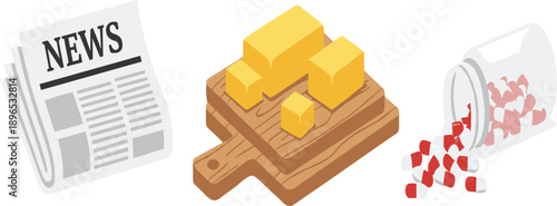 Cheese Cubes on Wooden Cutting Board with Spilled Jar and Newspaper Isometric Food Vector Illustration Design