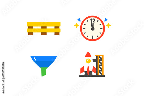 Visual representation of time, tools, and materials in a workspace setting showing a clock, filters, a launch rocket, and a pallet