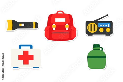Different items for emergency preparedness are shown in this graphic with a flashlight, backpack, radio, first aid kit, and water bottle