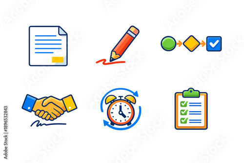 Icons showing business processes like writing, signing contracts, time management, and checklist completion