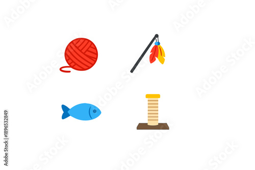 Creative playtime with yarn, fishing pole, fish, and spool in a vibrant setting for fun activities and games for kids and pets