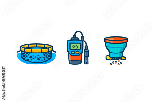 Fish farming tools and equipment are shown in a simple set with a fish tank, testing device, and feed dispenser in bright colors
