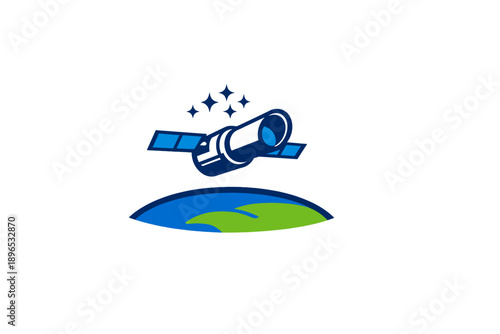 Satellite design shows a satellite orbiting Earth with blue and green colors, resembling the planet's surface in a simple and clear style