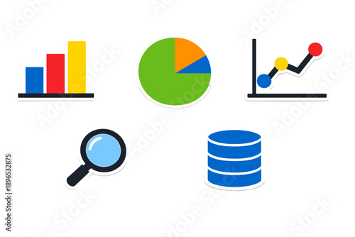 Charts and symbols represent data analysis and statistics in various formats for business reports and evaluations