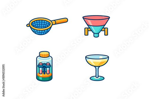 Four simple kitchen tools arranged on a white background showing strainer, funnel, test tubes in a container, and glass for drinks