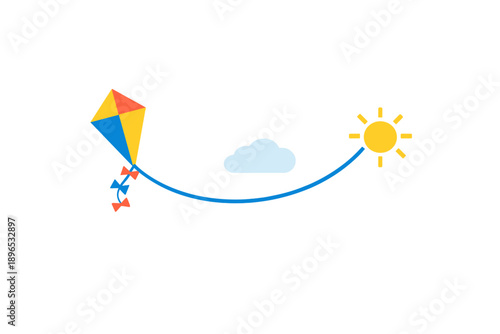Flying a colorful kite under a bright sun and fluffy clouds on a clear day by the open field with friends enjoying the outdoors