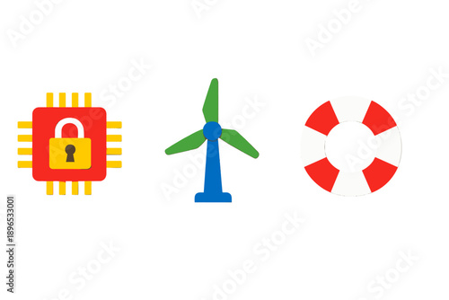 Technology symbols including a secure microchip, a wind turbine, and a lifebuoy are arranged in a simple layout on a white background