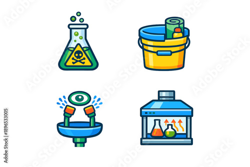 Science tools and safety equipment are shown including a beaker, bucket, eye wash station, and laboratory hood used in experiments and safety measures
