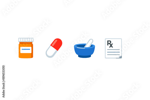 Different items related to medication and pharmacy practices include a pill bottle, capsule, mortar and pestle, and prescription paper on a white background