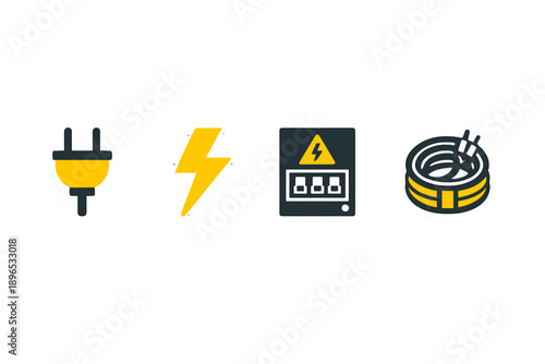 Symbols of electrical components showing plug, lightning bolt, electrical panel, and cable reel in simple design on white background