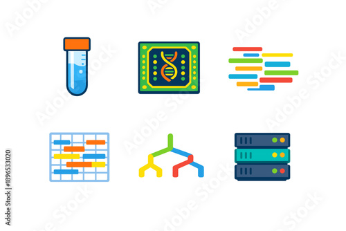Various science and technology symbols represent key concepts in genetic research, data analysis, and laboratory work done at a tech institute in a modern setting