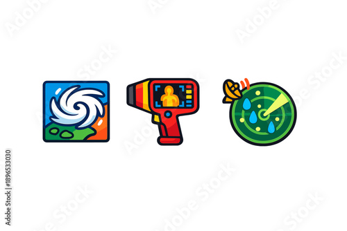 Icons representing weather monitoring, including a cyclone symbol, a thermal imaging device, and a radar display showing precipitation