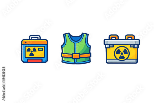 Nuclear safety equipment showing a radiation sign, a vest, and a gear box in simple design, illustrating protective items commonly found in industrial settings
