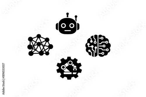 Symbols of artificial intelligence and robotics show interconnected concepts in technology and machine learning