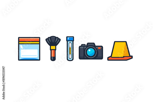 Tools used in forensic investigations shown in a flat layout on a white surface for educational or illustrative purposes