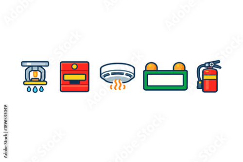 Safety devices used for fire prevention and emergency response in buildings placed in a row showing their key features and functions clearly