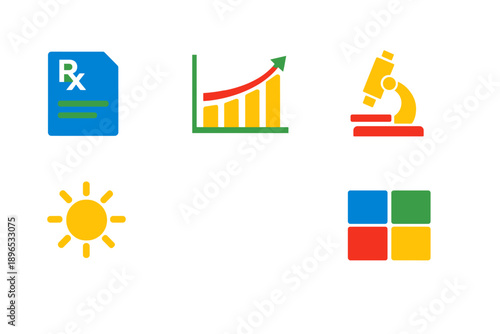 Icons showing medical prescription, growth chart, microscope, sun, and software logo on plain background with bright colors representing different concepts in health and technology