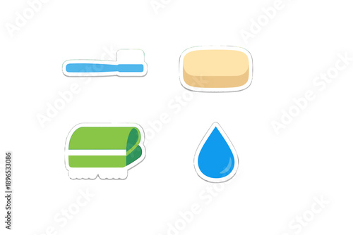 Toothbrush, soap, towel, and water drop are shown together in a group during a hygiene routine at home in the morning