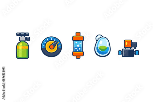 Different tools and instruments used in laboratory work for various experiments that involve gases, liquids, and measurements displayed in a clear arrangement