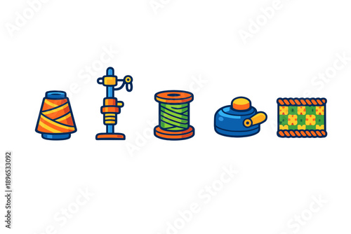 Various sewing supplies and tools lined up on a plain background showing spools of thread, a sewing machine, and a finished fabric piece used for sewing tasks