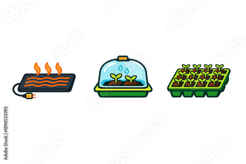 Different tools for indoor gardening showcased with a heating mat, a seed starter tray with a dome, and a planting tray filled with young plants arranged in a row