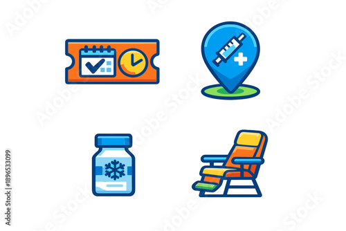 Vaccination process illustrated with key elements like scheduling, location, vaccine, and waiting area in a simple design