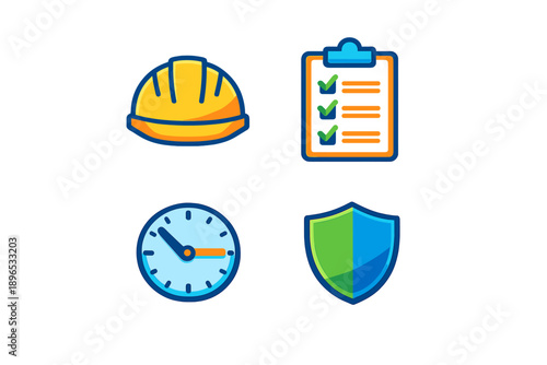 Safety gear and tools for workplace management and monitoring tasks during construction or industrial activities at various job sites